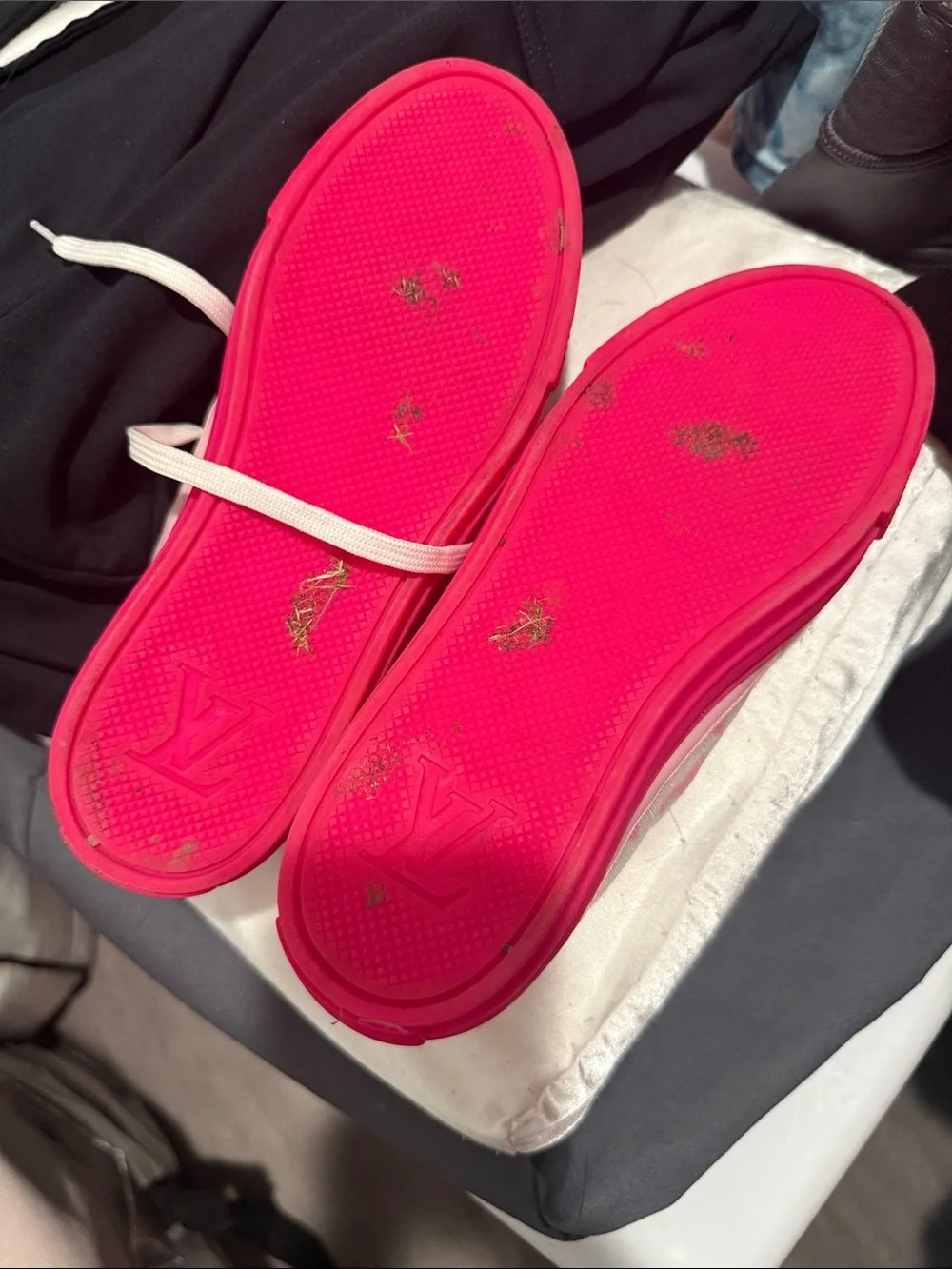Louis Vuitton Cream and Neon Pink Monogram Low-Top Sneakers